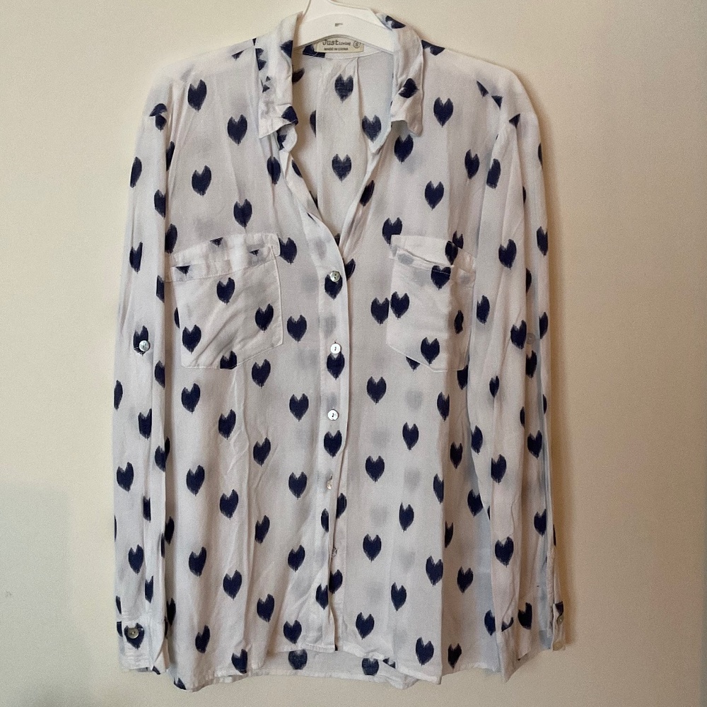 Heart graphic blue and white button down blouse - Small